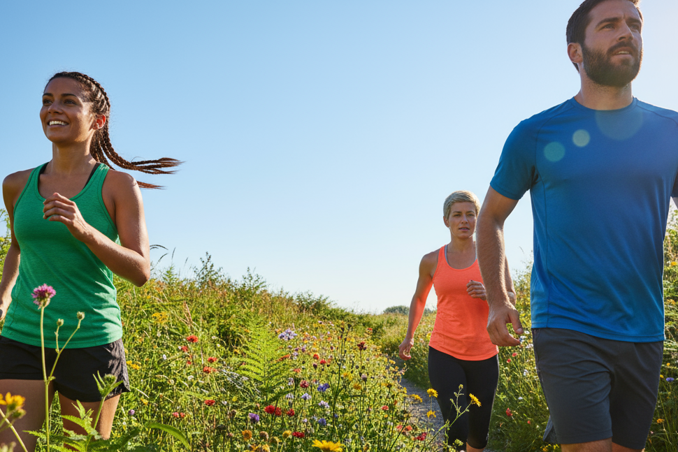 3 deportistas en primerisimo plano trotando hacia la camara distribuidos mas hacia los laterales de la imagen, en areas verdes con flores y plantas bajo un cielo azul